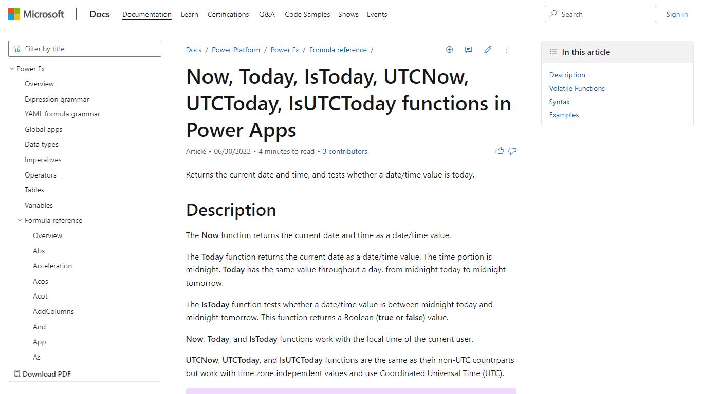 Now, Today, IsToday, UTCNow, and UTCToday functions in Power Apps ...